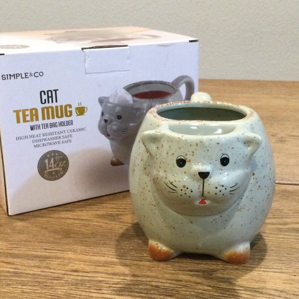 SIMPLE & CO 14oz Cat Tea Mug Green Ceramic Cute Coffe Mug